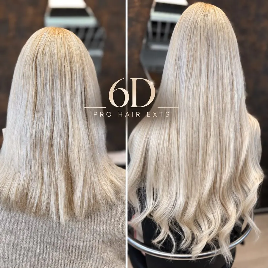Før og efter: lyst blond hår med længde og fylde